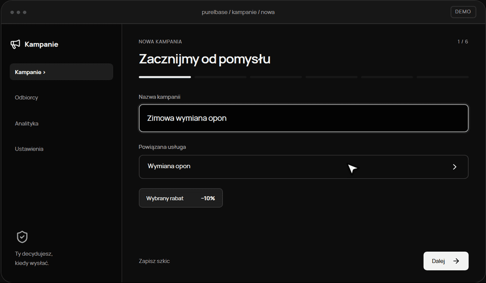 Kreator kampanii PurelBase: wiadomość, odbiorcy, termin i podsumowanie